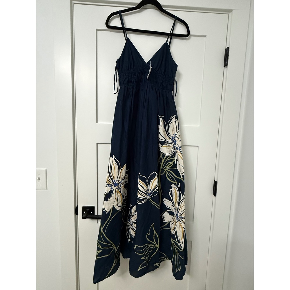 Japna Singh Navy Blue Floral Cotton Maxi Dress Smocked XS 23698